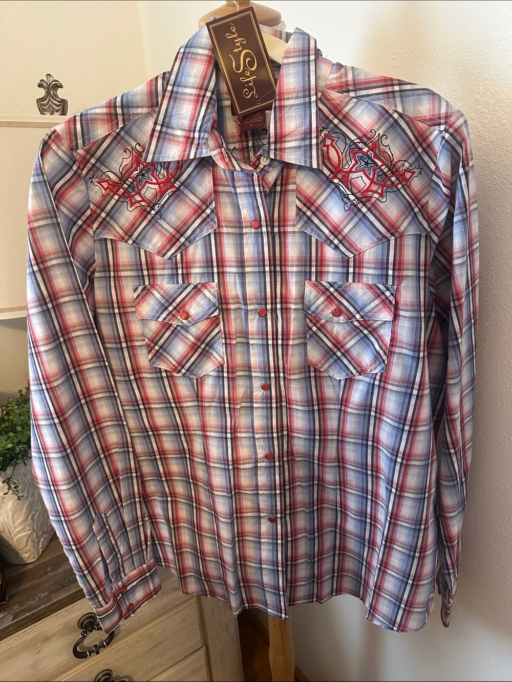 Woman’s  Plaid Button-Down Shirt with Embroidered Yoke - Red & Blue